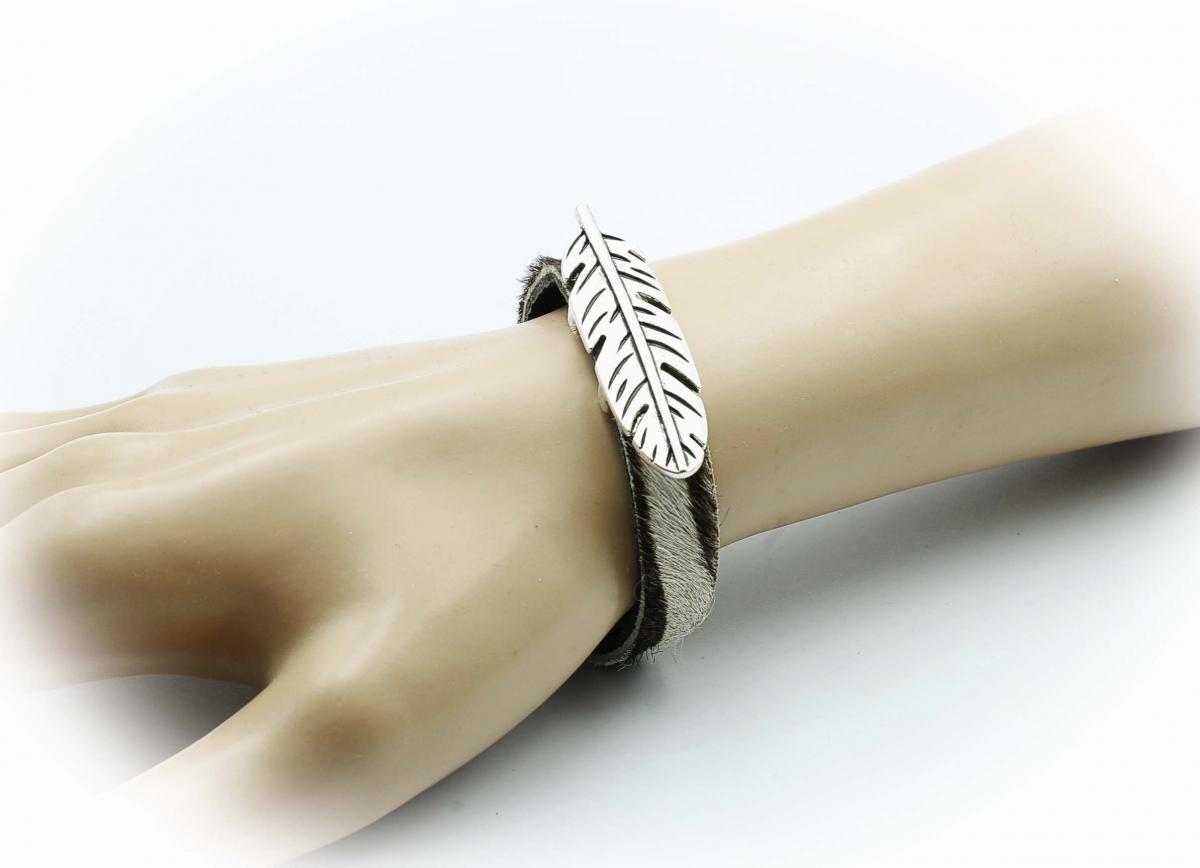Feather Leather Bracelet - Hair On Zebra Design