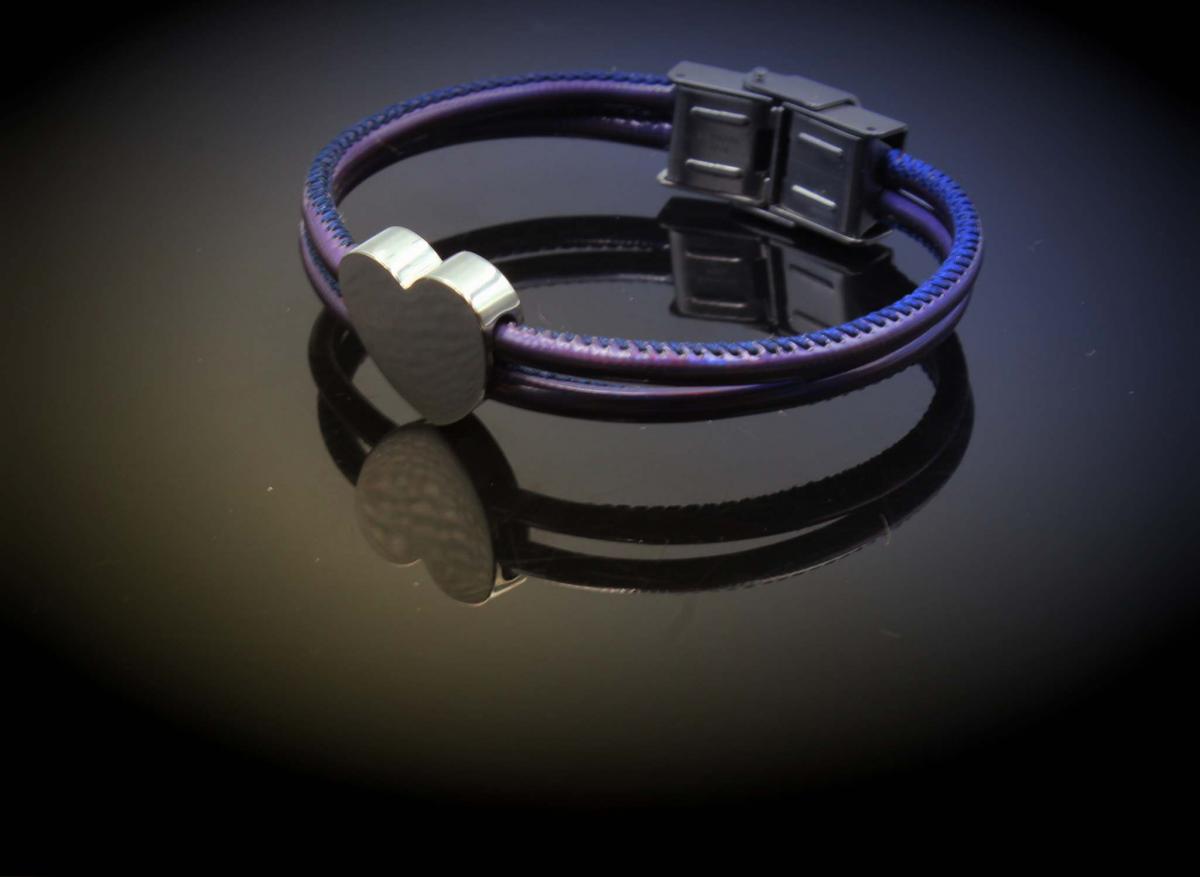 Neon Violet Leather Heart Bracelet