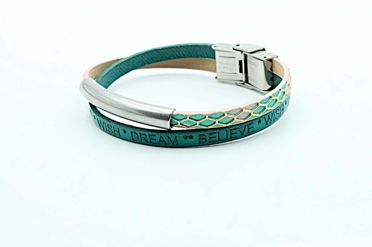 Double Layer "Wish Dream Believe" Leather Tube Inspiration Bracelet