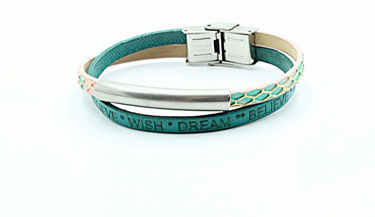 Double Layer "Wish Dream Believe" Leather Tube Inspiration Bracelet