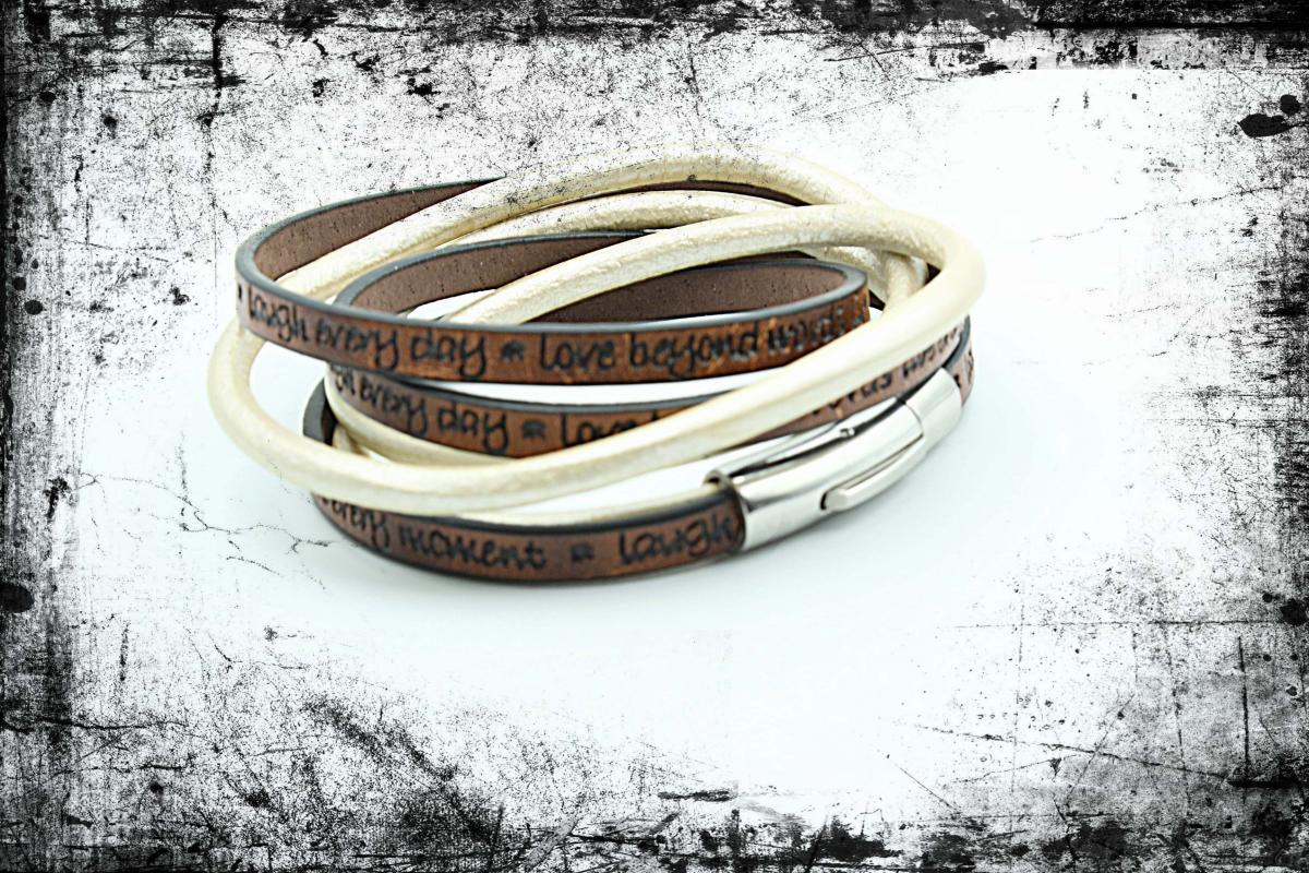 Wrap Around Double Layer Coffee & Cream Leather Inspirational Bracelet