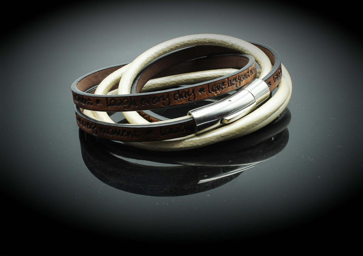 Wrap Around Double Layer Coffee & Cream Leather Inspirational Bracelet