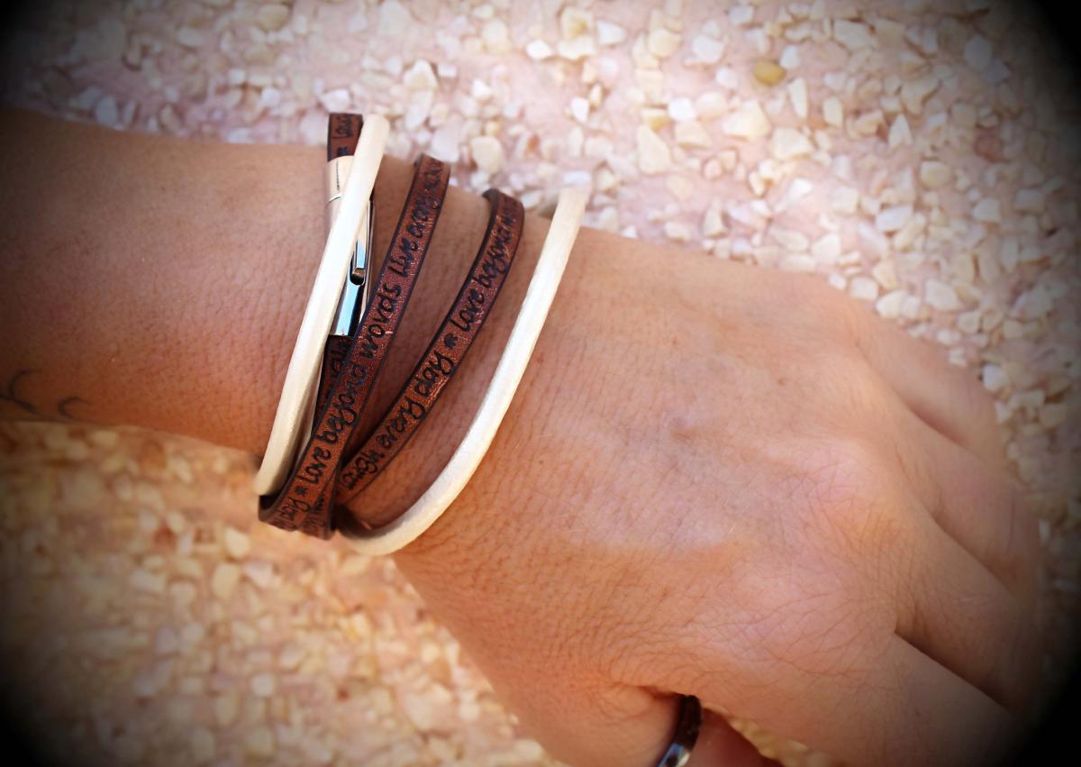 Wrap Around Double Layer Coffee & Cream Leather Inspirational Bracelet